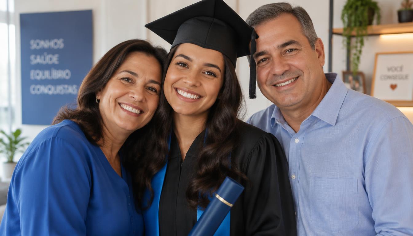 Jovem formanda feliz ao lado dos pais, celebrando a conquista da formatura